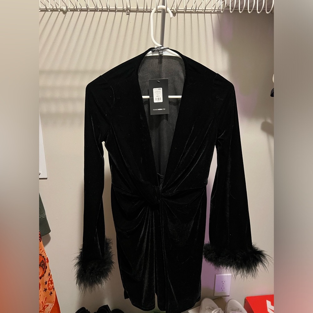 Black, fuzzy cuffed black dress